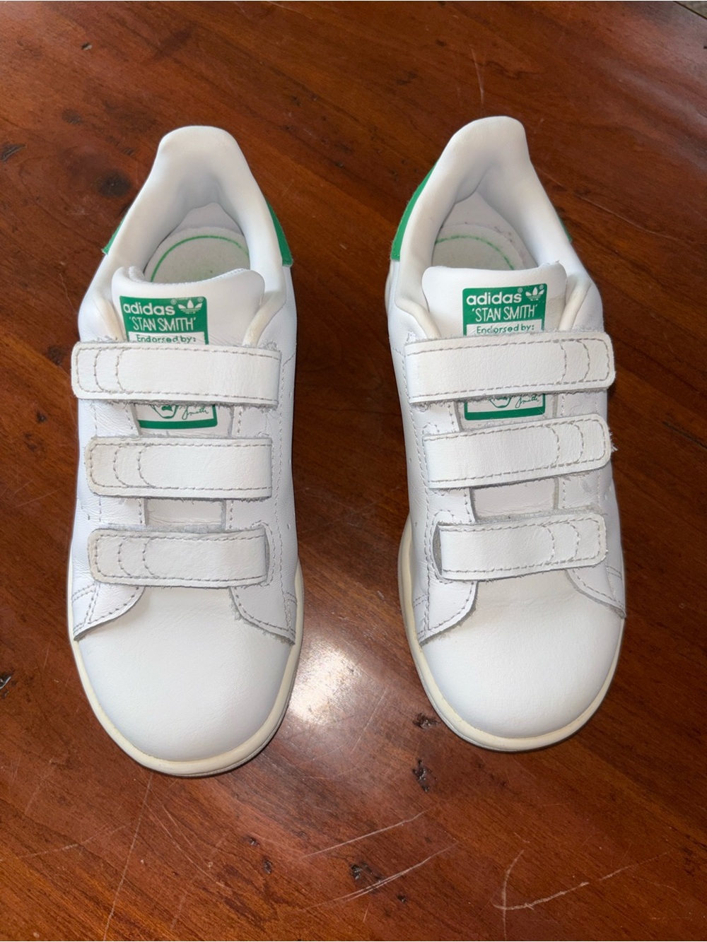 adidas Kids White Sneakers with Green Heel and Tongue Labels